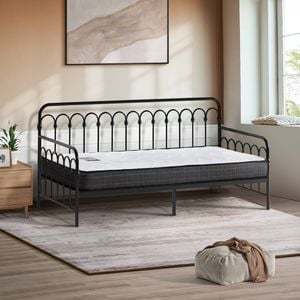 Oikiture Metal Daybed Frame Single Size Sofa Bed Support with Mattress Black