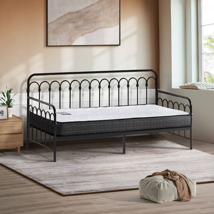 Oikiture Metal Daybed Frame Single Size Sofa Bed Support with Mattress Black