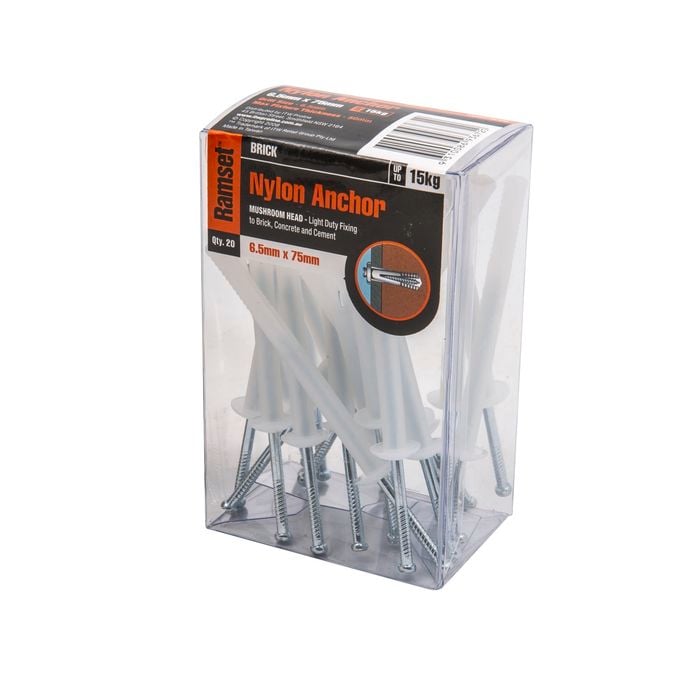 Ramset 6.5 x 75mm Mushroom Head Nylon Brick Anchor - 20 Pack