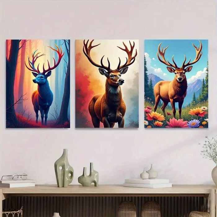 3pcs Colourful Deer Forest Triptych Floral  Print 100% Australian Made 3 x 40x60cm (Metal Print)