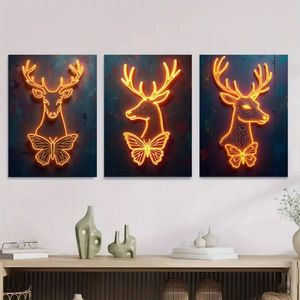 3pcs Elegant and Unique Neon Deer and Butterfly Print 100% Australian Made 3 x 40x60cm (Metal Print)