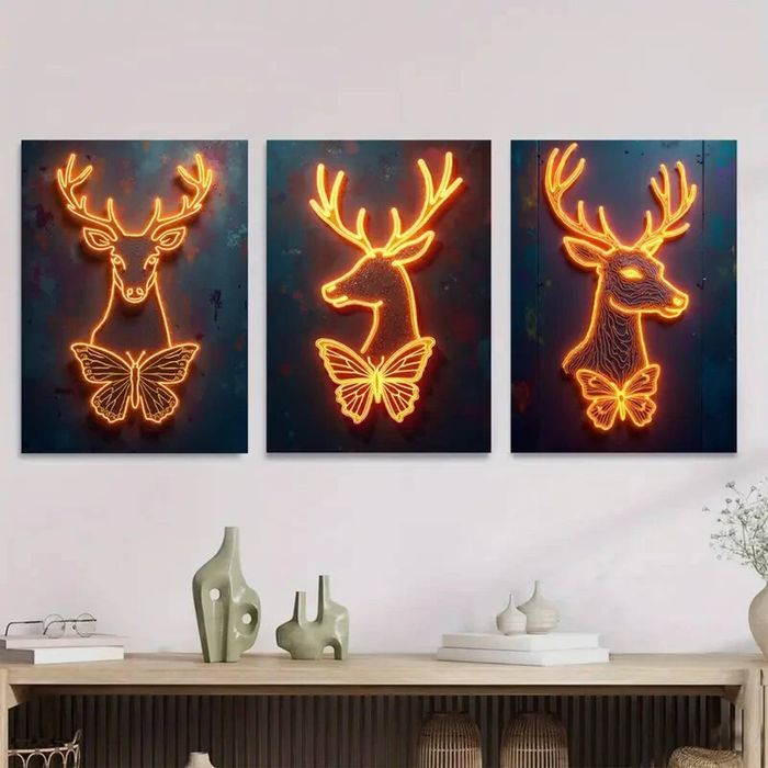 3pcs Elegant and Unique Neon Deer and Butterfly Print 100% Australian Made 3 x 40x60cm (Metal Print)
