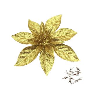 Catzon 12 Pcs Glitter Christmas Flowers with Clips Artificial Poinsettia-Gold