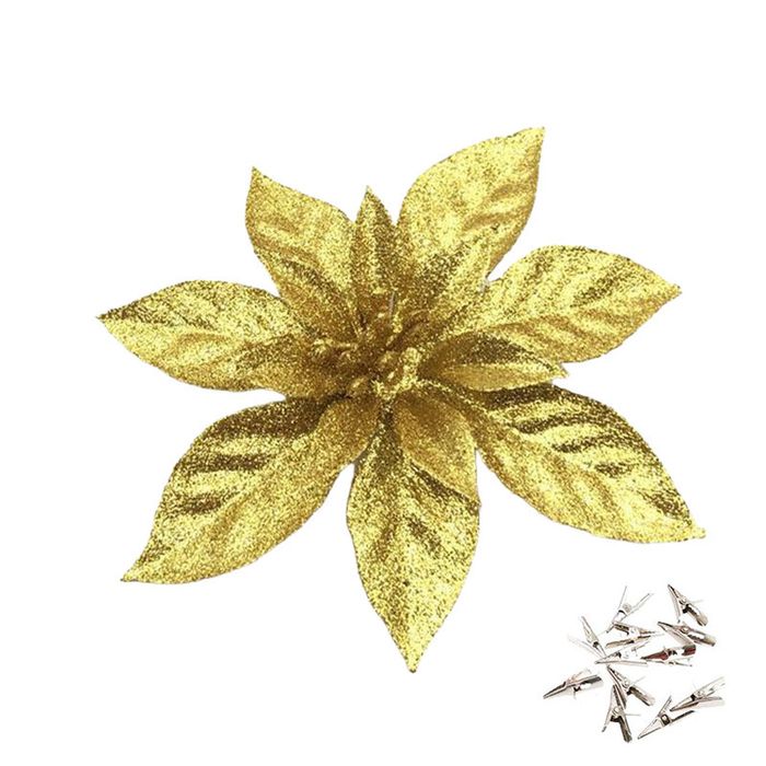 Catzon 12 Pcs Glitter Christmas Flowers with Clips Artificial Poinsettia-Gold