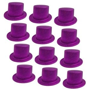 12x GLITTER TOP HAT Fancy Party Plastic Costume Tall Cap Fun Dress Up BULK Purple