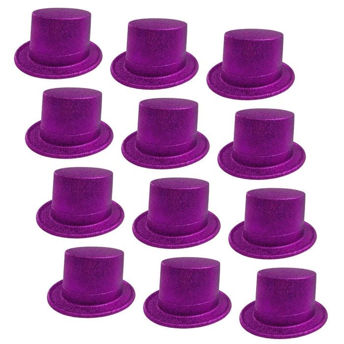 12x GLITTER TOP HAT Fancy Party Plastic Costume Tall Cap Fun Dress Up BULK Purple