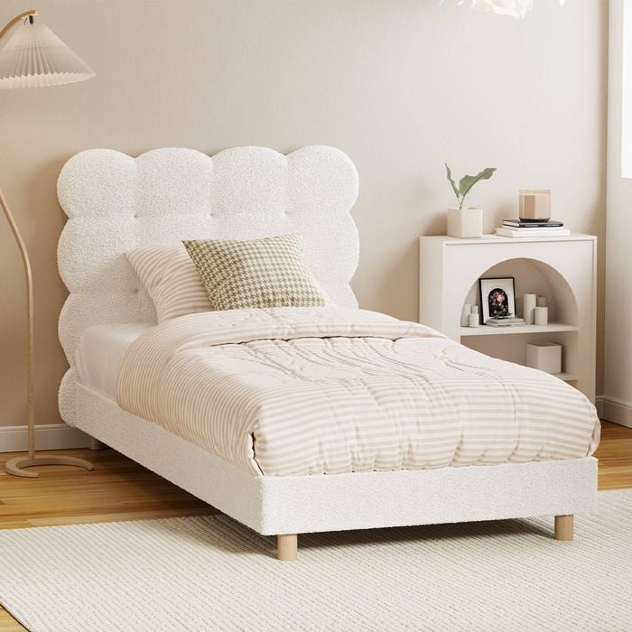 Oikiture Bed Frame Single Size Tufted Bedhead Boucle Fabric White