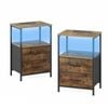 Ufurniture Nightstand Set of 2 with LED Light and Charging Station Industrial End Table 2 Fabric Drawers and Open Shelf Brown