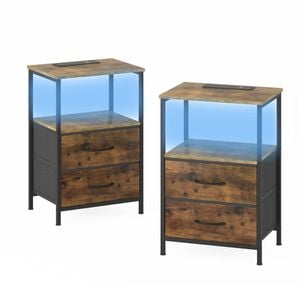 Ufurniture Nightstand Set of 2 with LED Light and Charging Station Industrial End Table 2 Fabric Drawers and Open Shelf Brown