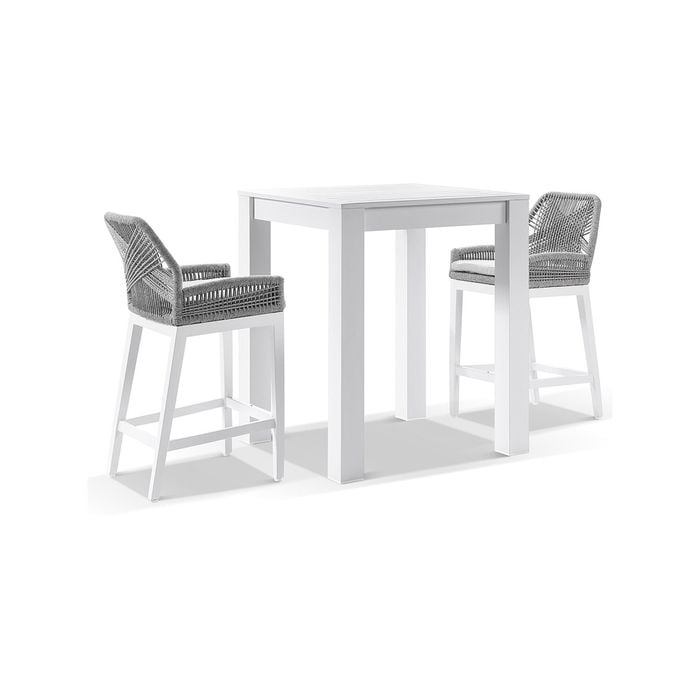 Santorini Outdoor Aluminium Square Bar Table with Hugo Rope Stool Seats  White Stone Grey Textured Olefin Grey