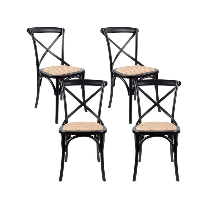 Aster Crossback Dining Chair Set of 4 Solid Birch Timber Wood Ratan Seat - Black