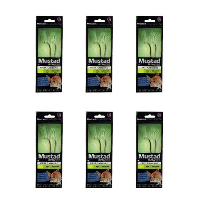 6x Mustad Ultrapoint Circle Flasher Rig Twin Hook Green Chartreuse - Size 3/0