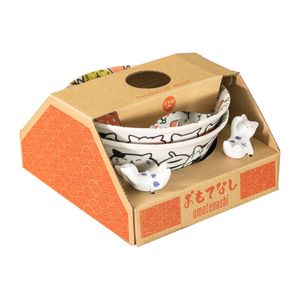 Omotenashi Purrfect Party Donburi Bowl Gift Set With Chopstick Rest – Red