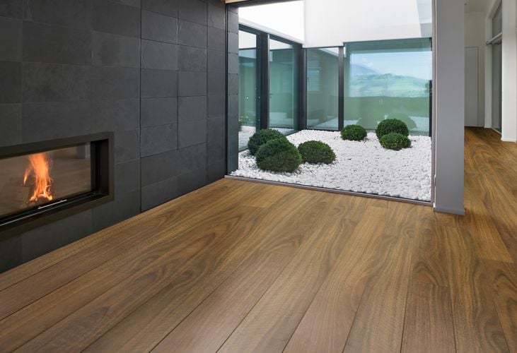 Living room with fireplace and timber-look flooring
