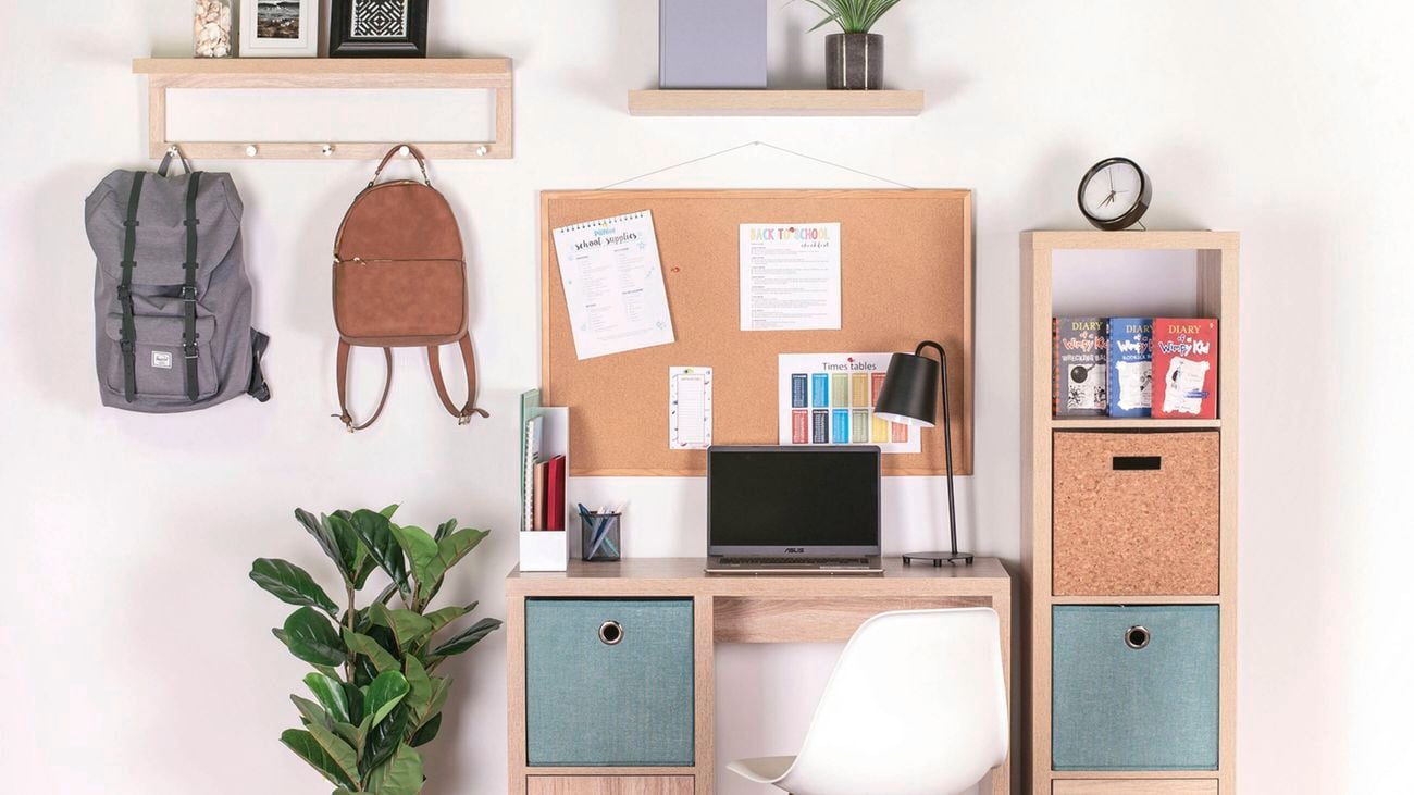 organised study space with desk and storage]