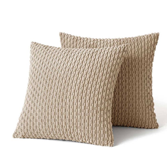 Catzon 2 Pcs Throw Pillow Covers Soft Striped Corduroy Cushion Case for Couch 50X50cm-Apricot