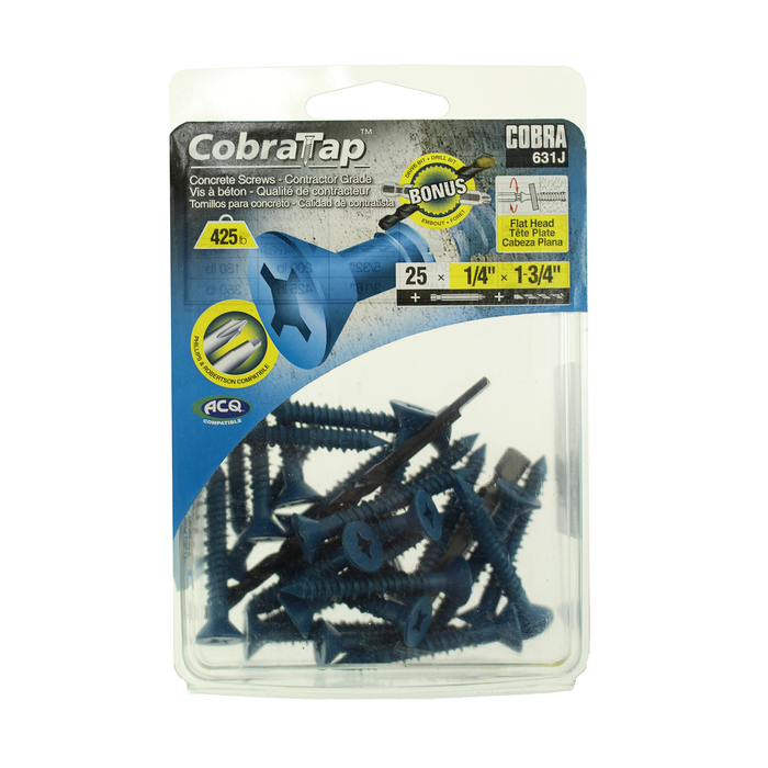 Cobra 6 x 45mm Flat Head Concrete Screws With Drill And Driver - 25 Pack