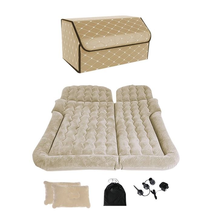 SOGA Car Bundle – Beige Leather Collapsible Trunk Organizer & Inflatable Boot Mattress