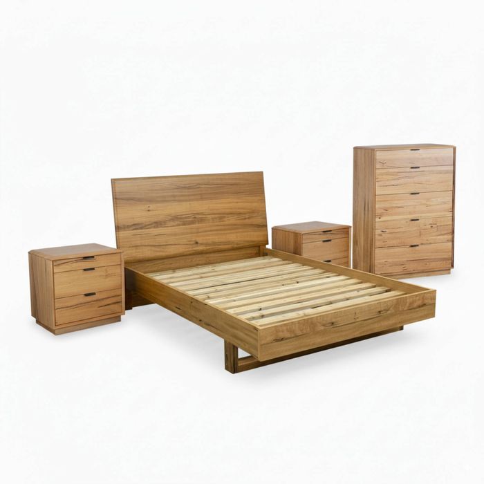 Japandi Queen Bed Frame Set Bedside Table Tallboy Natural Oak