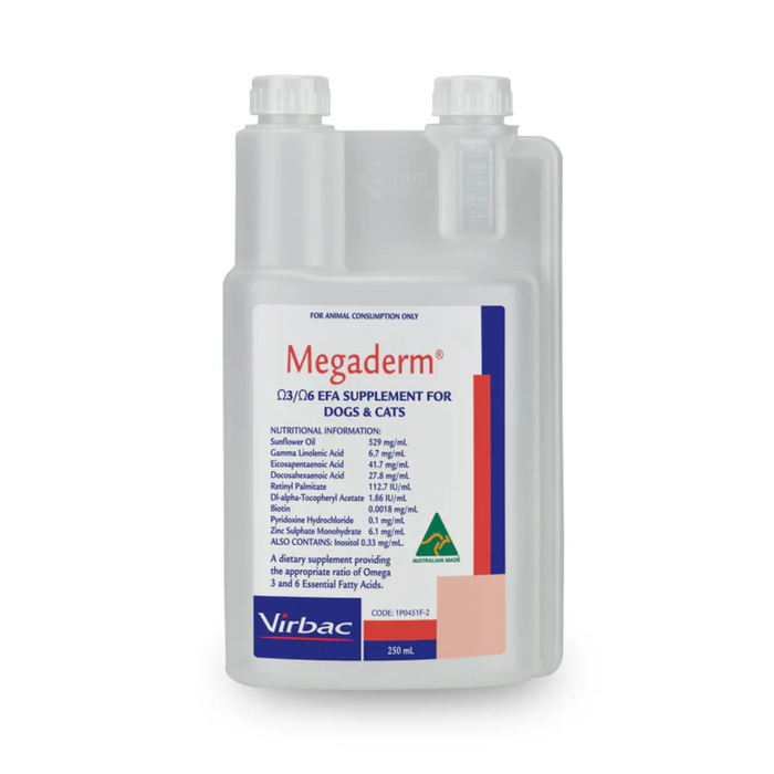 Virbac Megaderm Omega 3 and 6 Supplement For Dogs and Cats - 250ml
