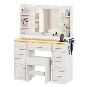 Advwin Makeup Vanity w/ Mirror Glass Top Charging Station LED & 9 Drawer White