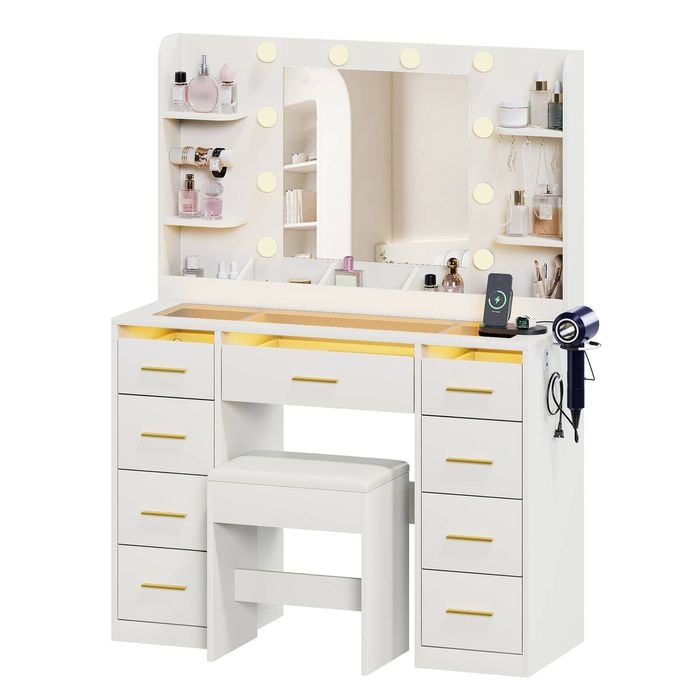 Advwin Makeup Vanity w/ Mirror Glass Top Charging Station LED & 9 Drawer White