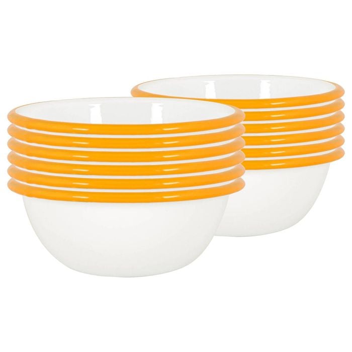 Argon Tableware 16cm Coloured Enamel Bowls - Set Of 12 - Yellow Lightweight Metal Camping Serving Bowls For Snacks, Pasta, Salad
