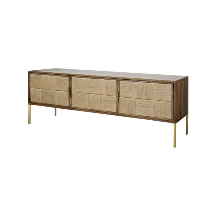 Roomlane Evon TV Unit Mango Wood & Jute in Brass Finish Metal Legs