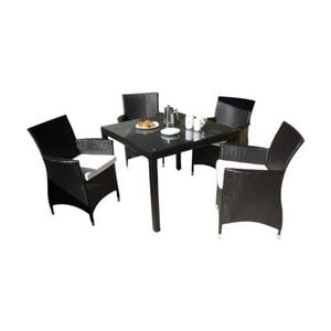 Roman 4 Seater Square Outdoor Wicker Dining Table And Chairs Setting Charcoal & Denim Grey Cushions