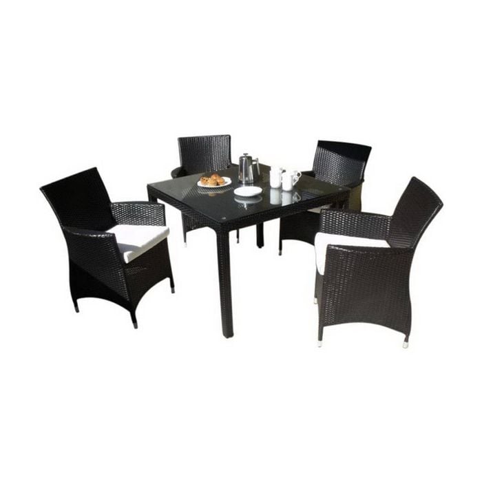 Roman 4 Seater Square Outdoor Wicker Dining Table And Chairs Setting Charcoal & Denim Grey Cushions