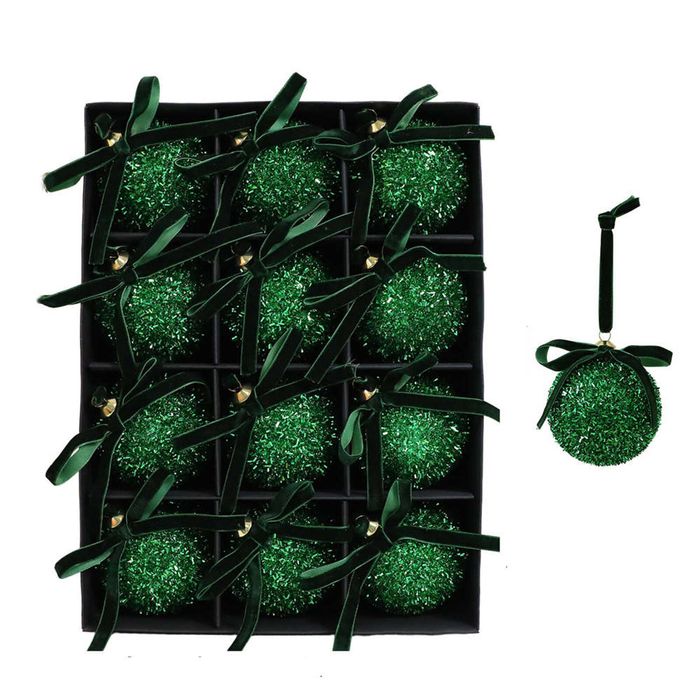 Catzon 12 Pcs Shiny Christmas Ball Ornaments 8CM with Bow for Holiday Wedding Decor-Green