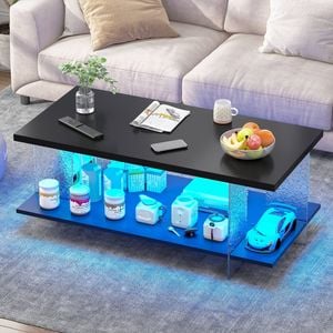Advwin LED Coffee Table w/ Fluted Frame 2-Tier Storage 95cm Black