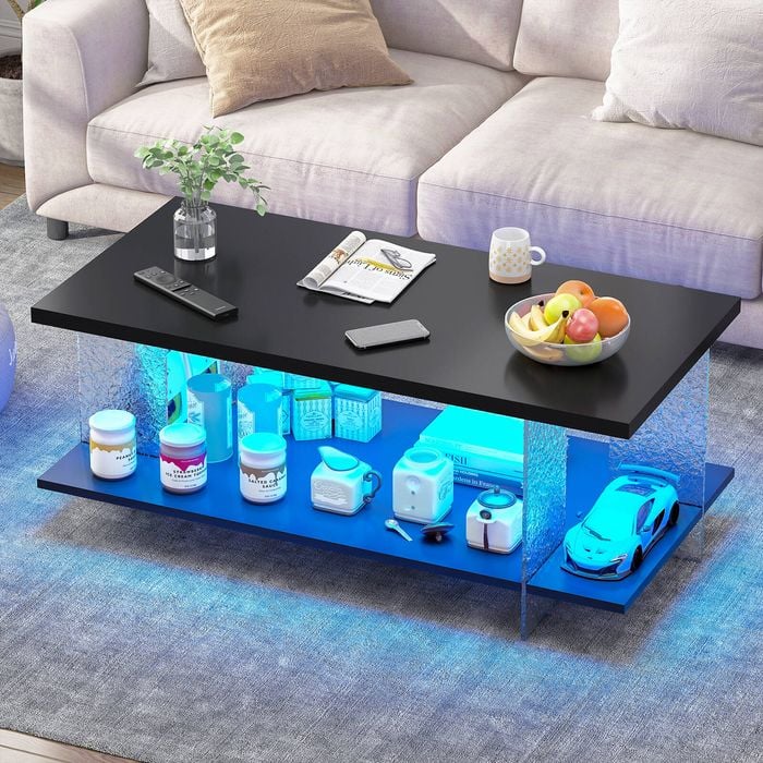 Advwin LED Coffee Table w/ Fluted Frame 2-Tier Storage 95cm Black