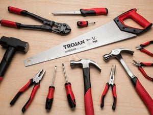 Close up of a Trojan handsaw and selection of tools around it.