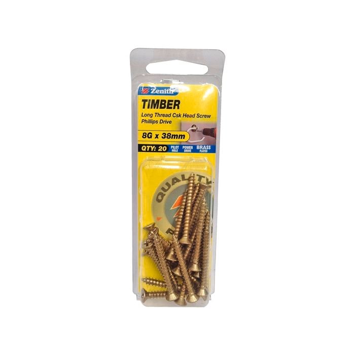 Zenith 8G x 38mm Brass Plated Timber Screw - 20 Pack