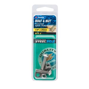 Zenith 1/4" x 25mm Stainless Steel Round Head Bolt And Nut - 2 Pack