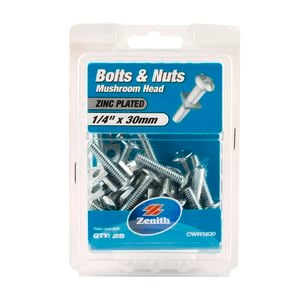 Zenith 1/4" x 30mm Zinc Plated Mushroom Head Bolts And Nuts - 25 Pack
