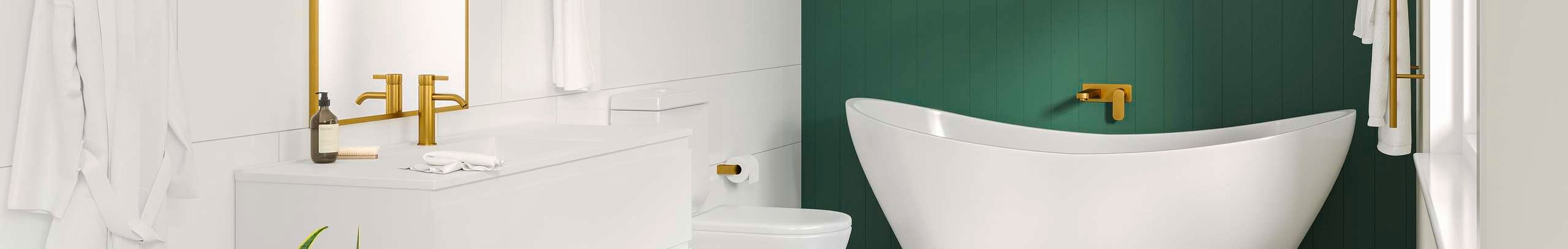 A HardieGroove VJ panelled feature wall painted in Dulux Highland Green behind a tub in a contemporary modern bathroom. The bathroom is styled with brushed brass tapware and accessories