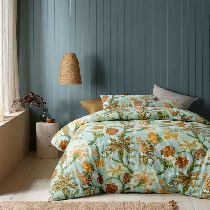 Accessorize Bedroom Collection King Duck Egg Blue Kienze Washed Cotton Printed Quilt Cover Set
