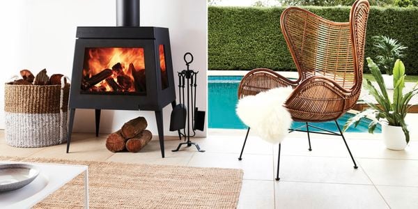 Scandia heater on in the back room next to wicker chair
