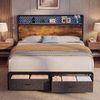 Advwin Queen Size LED Bed Frame with 2 Storage Drawers and Charging Station, Storage Headboard Retro Brown