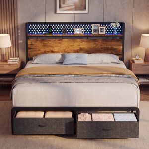 Advwin Queen Size LED Bed Frame with 2 Storage Drawers and Charging Station, Storage Headboard Retro Brown