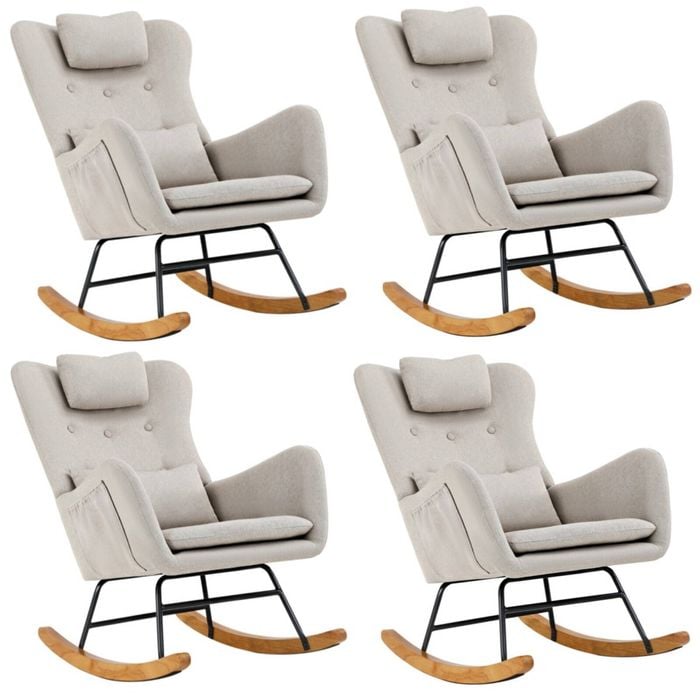 Oikiture 4x Rocking Chair Nursing Armchair Linen With 2 Pillow Beige
