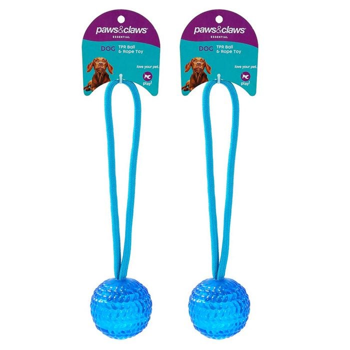 2x Paws & Claws Tpr Ball & Rope Toy 25cm Assorted