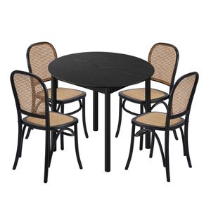 Oikiture 5PCS Dining Table Set Round Kitchen Table 4 Rattan Dining Chairs Black
