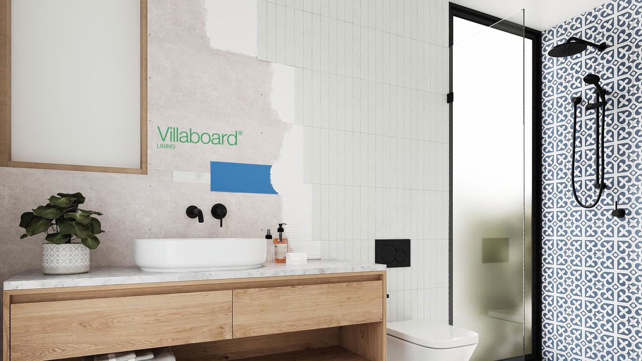 A bathroom under renovation with James Hardie Villaboard walls