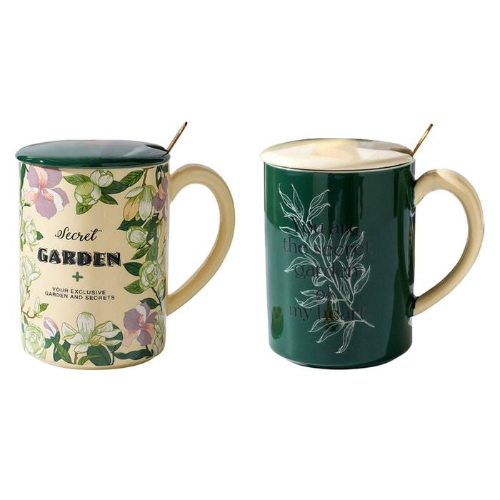2 Set 400ml Green High-Fired Ceramic Porcelain Mug Set with Lid Tea Spoon Vintage Floral