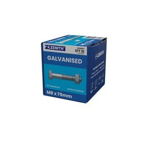 ZENITH M8 x 75mm Hot Dip Galvanised Hex Head Bolts And Nuts - 25 Pack