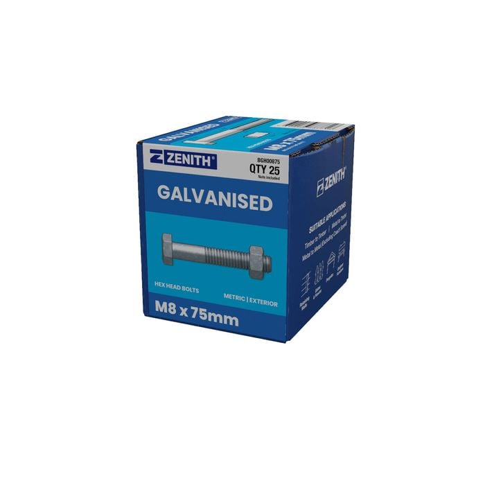ZENITH M8 x 75mm Hot Dip Galvanised Hex Head Bolts And Nuts - 25 Pack