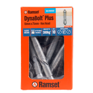 Ramset 10 x 75mm Galvanised DynaBolt Plus Hex Nut Bolt…